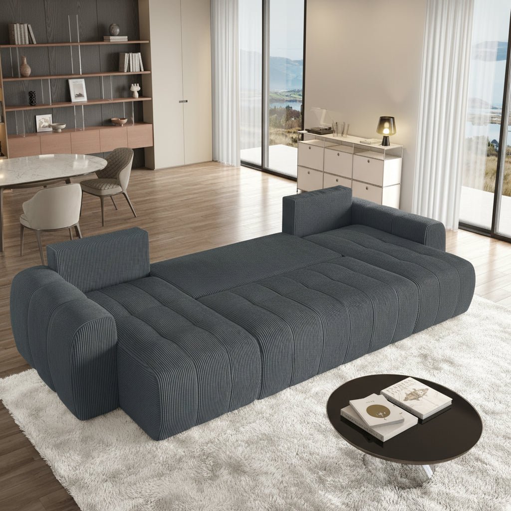 ALYA XL Canapé panoramique convertible avec coffre en velours côtelé gris foncé - Canapés panoramiques - Mobilier Deco