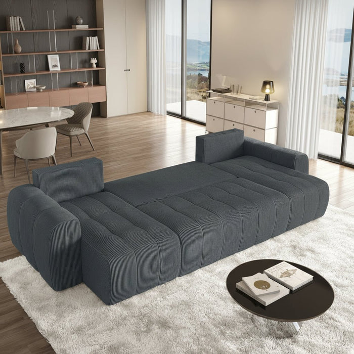ALYA XL Canapé panoramique convertible avec coffre en velours côtelé gris foncé
