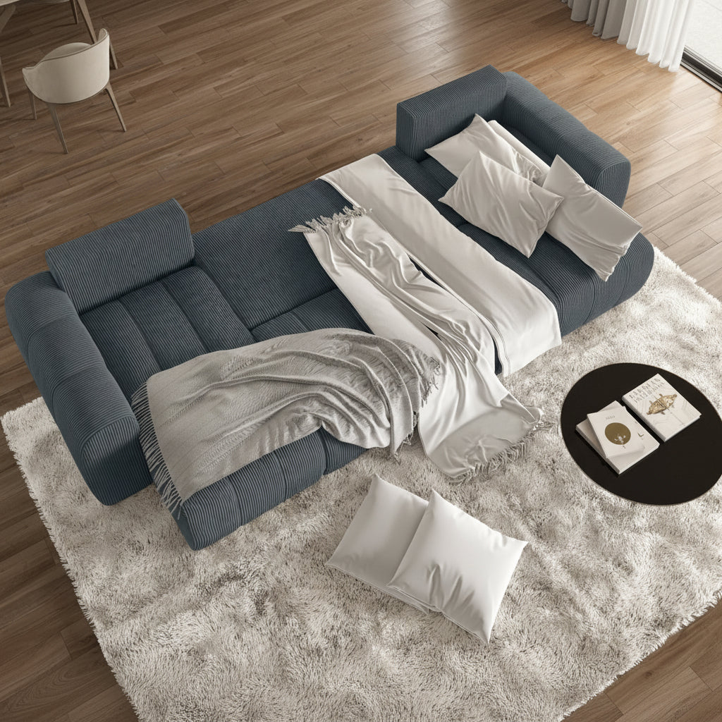 ALYA XL Canapé panoramique convertible avec coffre en velours côtelé gris foncé