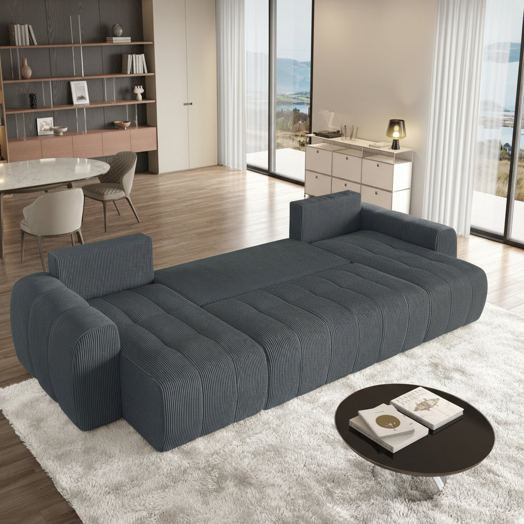 ALYA XL Canapé panoramique convertible avec coffre en velours côtelé gris foncé