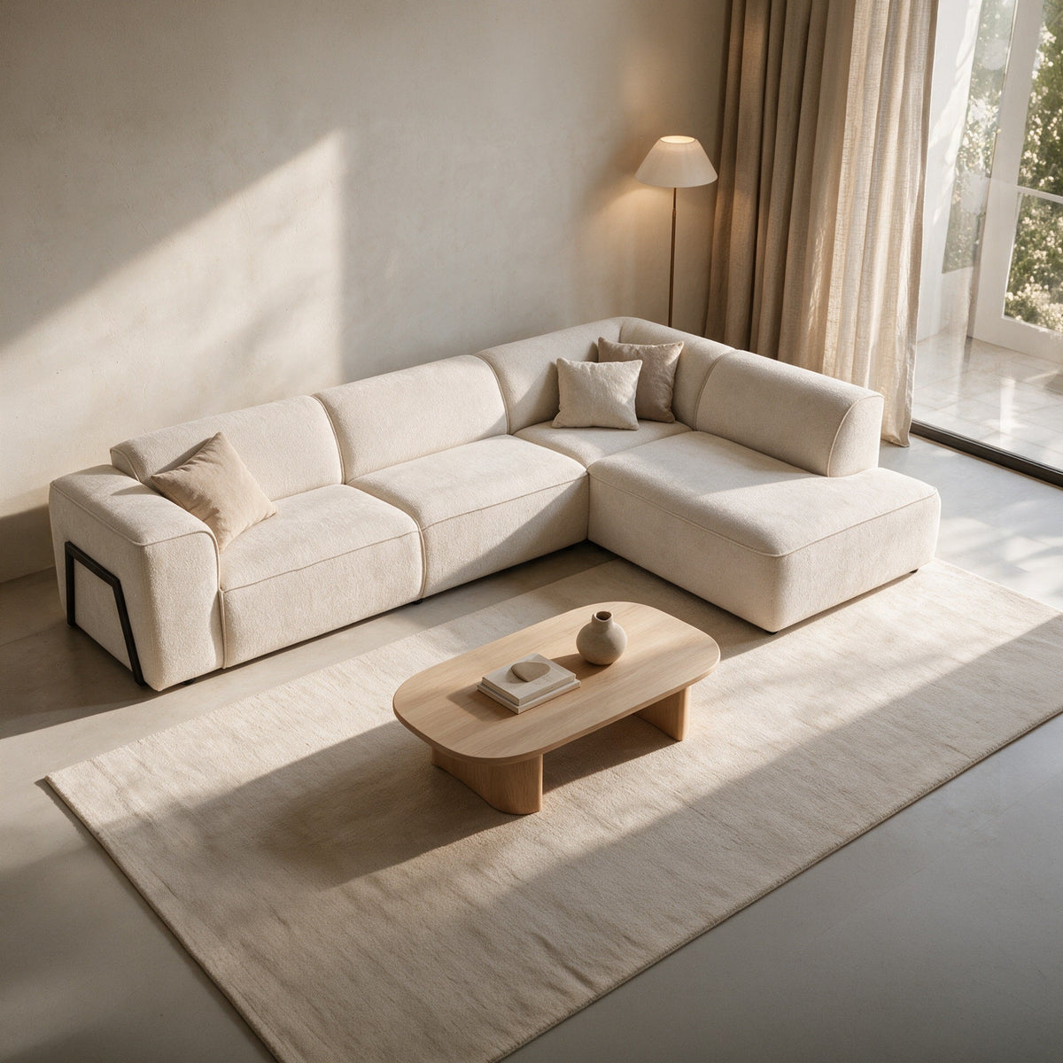 AMANDA Canapé d'angle en tissu blanc écru avec détail métal noir - Angle droit - Canapés d'angle - Mobilier Deco