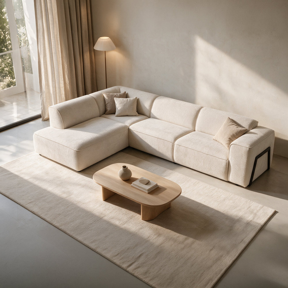 AMANDA Canapé d'angle en tissu blanc écru avec détail métal noir - Angle gauche - Canapés d'angle - Mobilier Deco