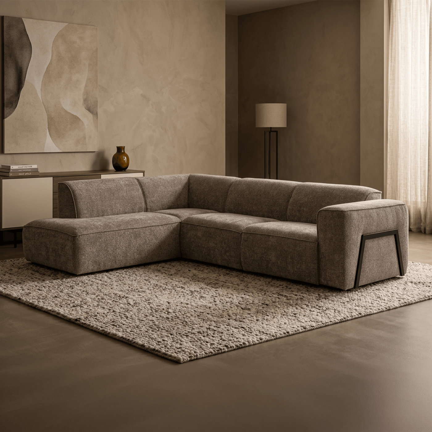 AMANDA Canapé d'angle en tissu taupe avec détail métal noir - Angle gauche - Canapés d'angle - Mobilier Deco