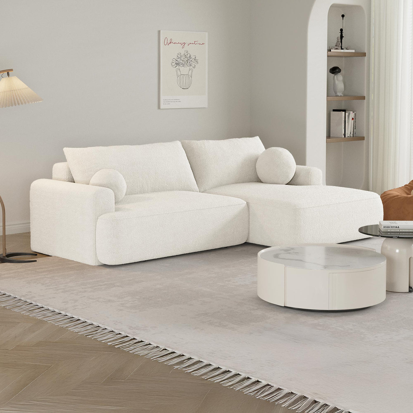 ANAIS Canapé d'angle convertible en tissu bouclette beige - Angle droit