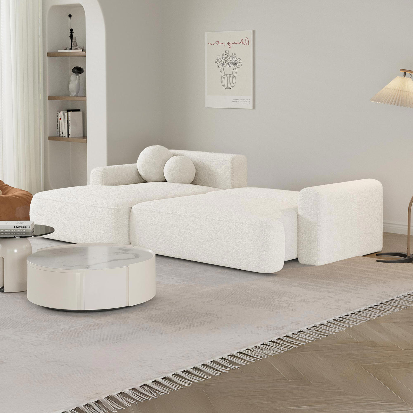ANAIS Canapé d'angle convertible en tissu bouclette beige - Angle gauche