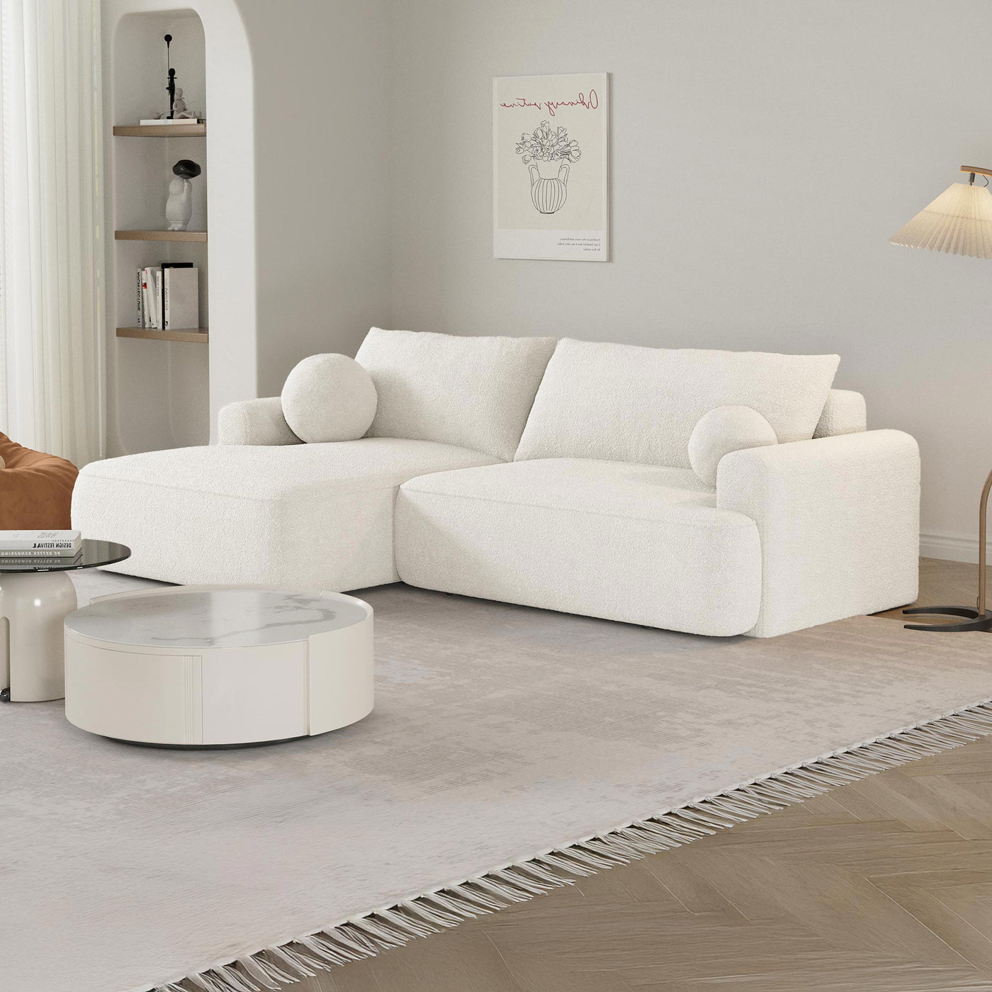 ANAIS Canapé d'angle convertible en tissu bouclette beige - Angle gauche