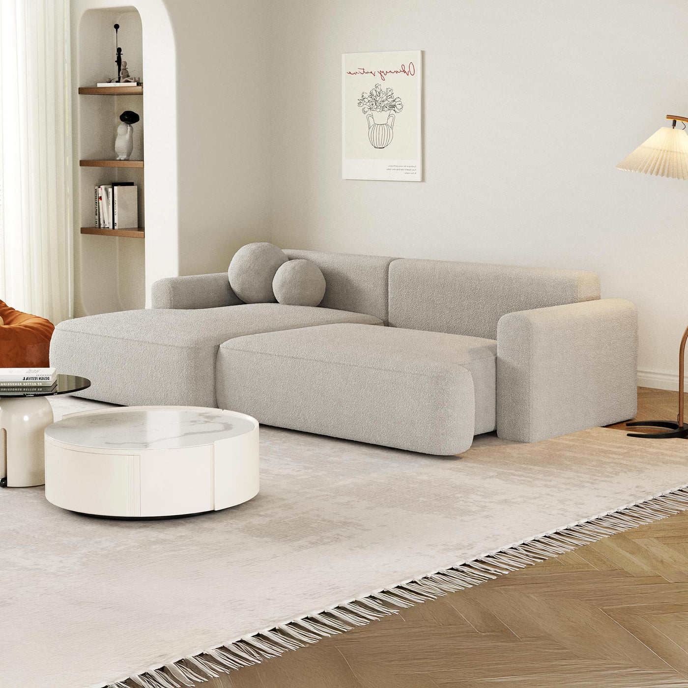 ANAIS Canapé d'angle convertible en tissu bouclette beige foncé- Angle gauche