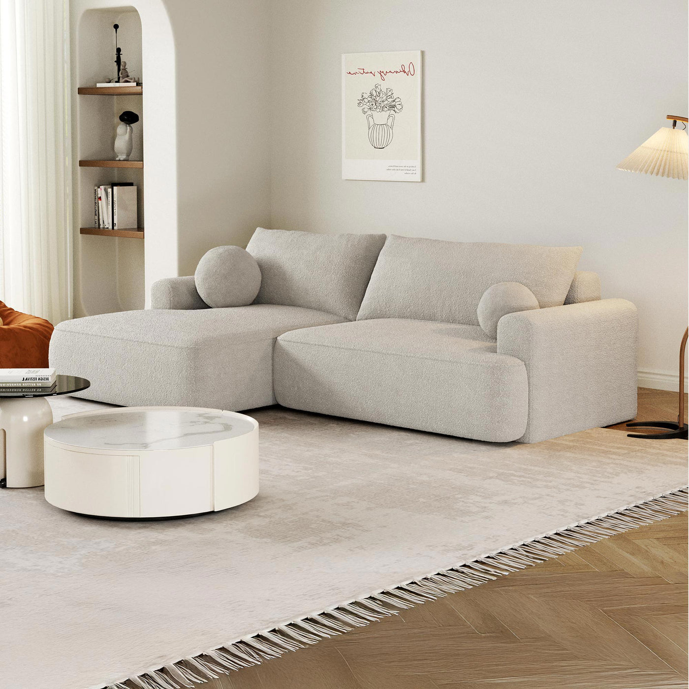 ANAIS Canapé d'angle convertible en tissu bouclette beige foncé- Angle gauche