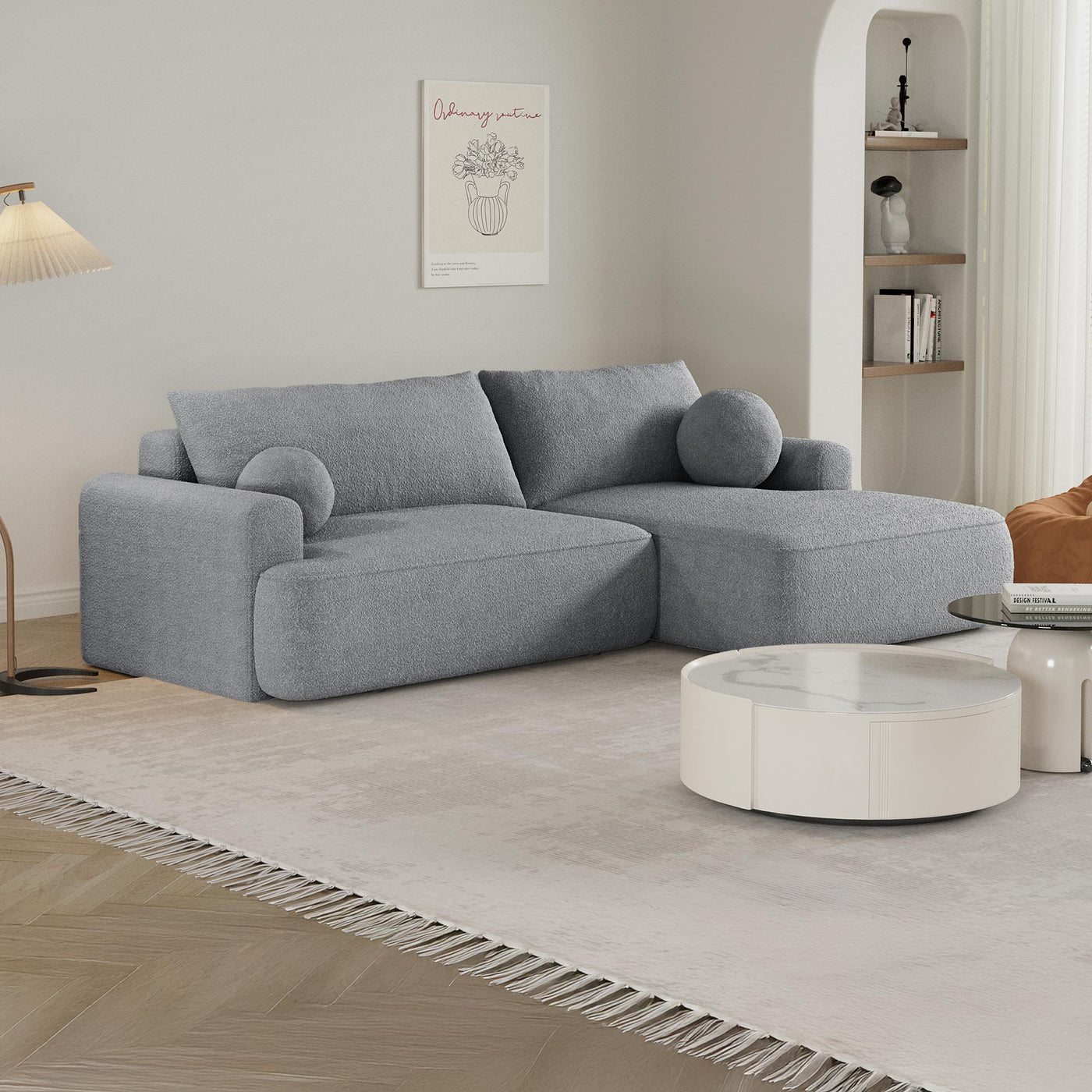 ANAIS Canapé d'angle convertible en tissu bouclette gris - Angle droit