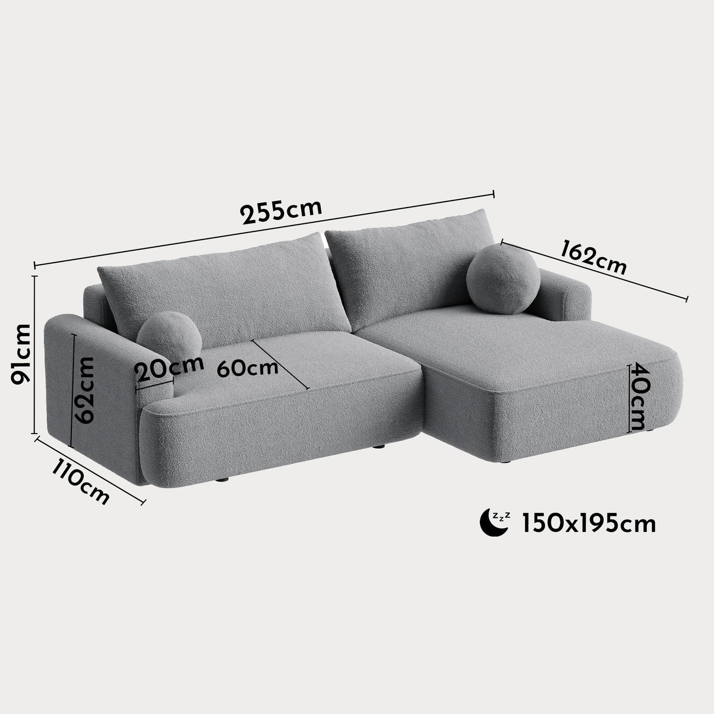 ANAIS Canapé d'angle convertible en tissu bouclette gris - Angle droit