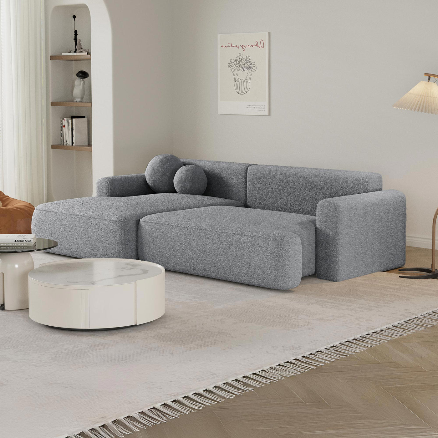 ANAIS Canapé d'angle convertible en tissu bouclette gris - Angle gauche