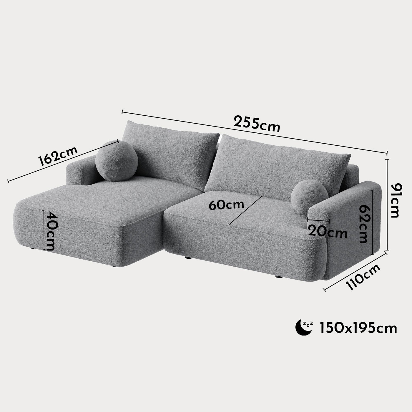 ANAIS Canapé d'angle convertible en tissu bouclette gris - Angle gauche - Canapé d'angle convertible - Mobilier Deco