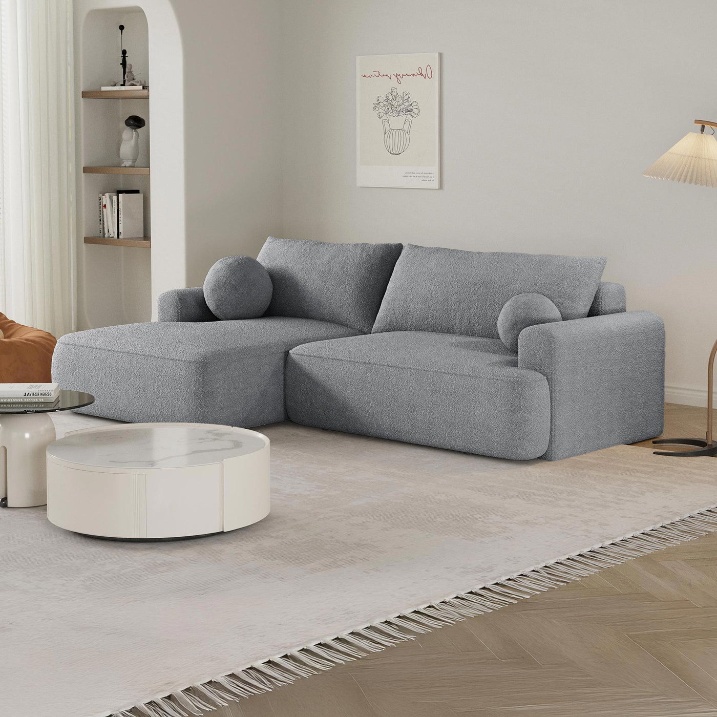 ANAIS Canapé d'angle convertible en tissu bouclette gris - Angle gauche - Canapé d'angle convertible - Mobilier Deco