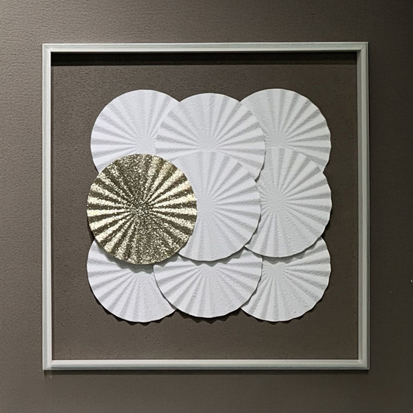 ANELIA Tableau peinture à l'huile relief rond blanc et doré cadre aluminium - 50x50 cm