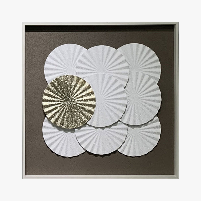ANELIA Tableau peinture à l'huile relief rond blanc et doré cadre aluminium - 50x50 cm