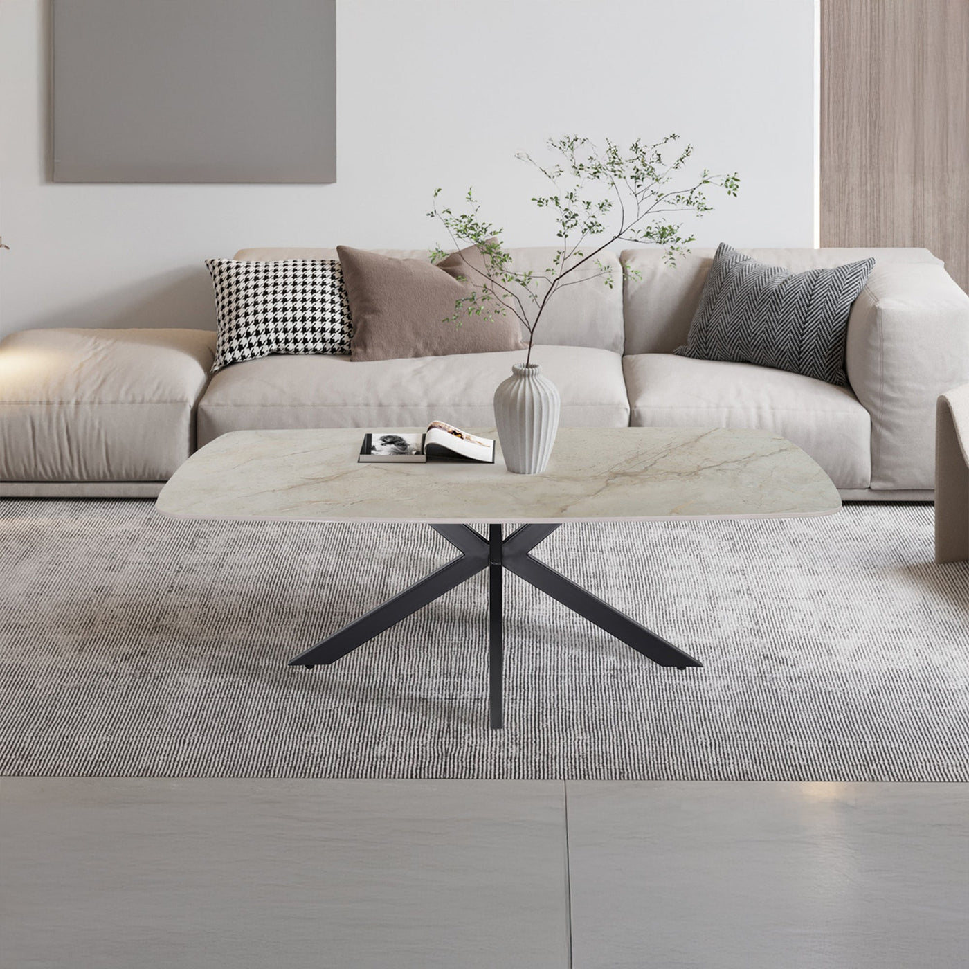 APOLLO Table basse ovale en pierre frittée beige 130 cm - Table basse - Mobilier Deco