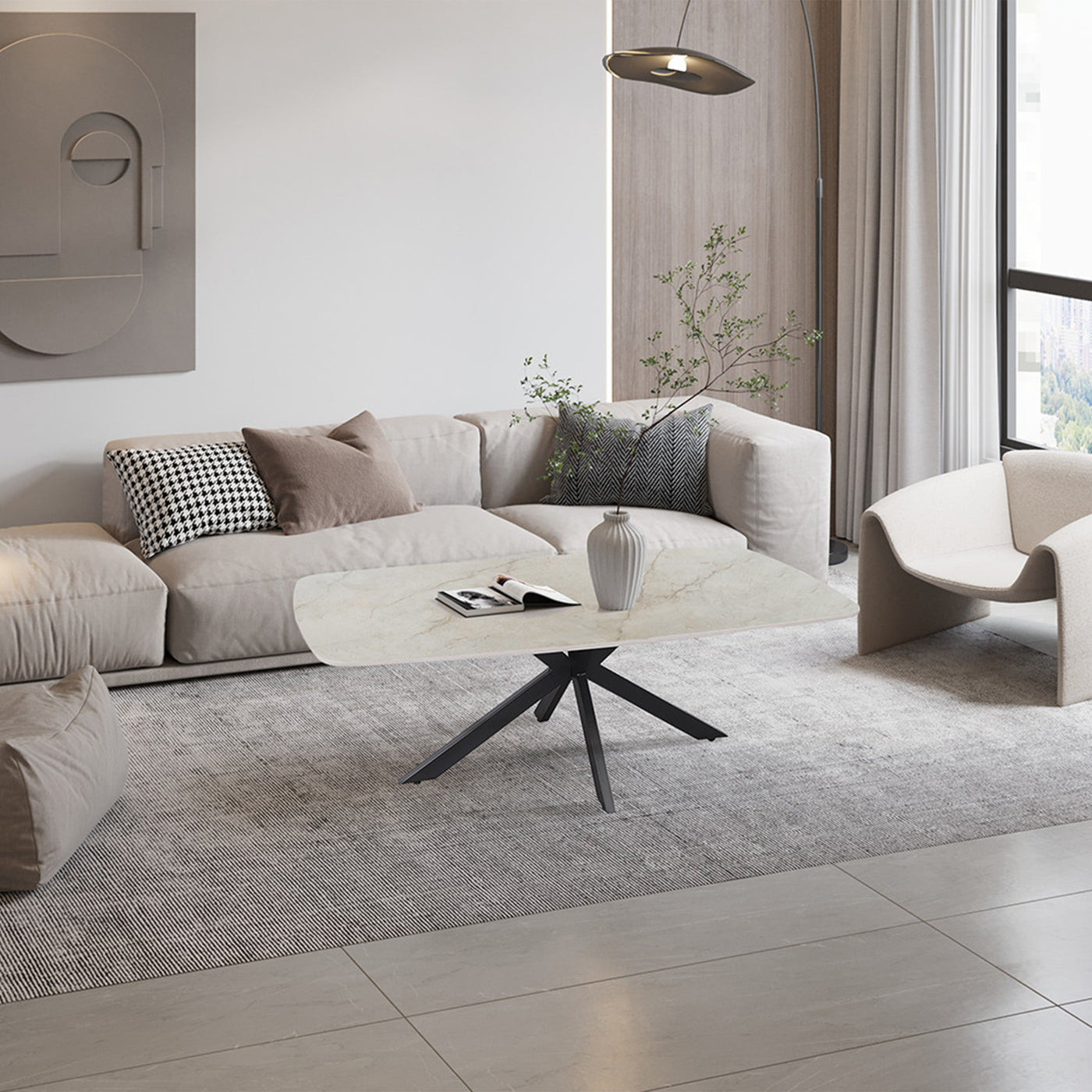 APOLLO Table basse ovale en pierre frittée beige 130 cm