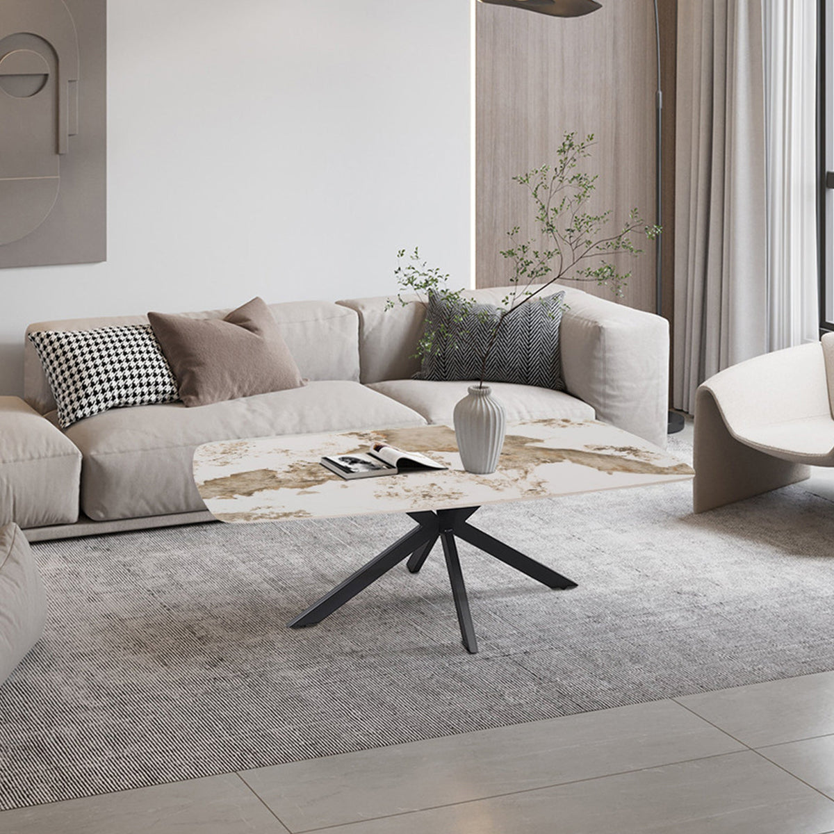 APOLLO Table basse ovale en pierre frittée blanc marbré 130 cm - Mobilier Deco