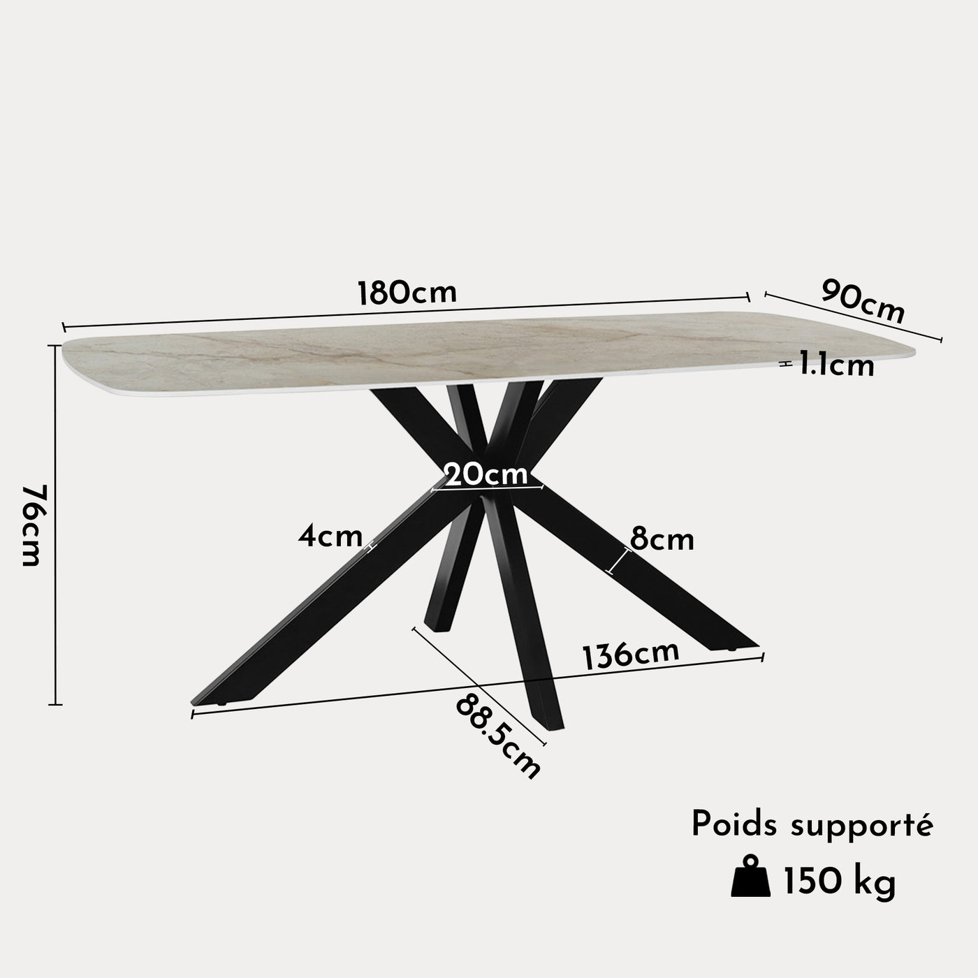 APOLLO XL Table à manger en pierre frittée beige 180 cm