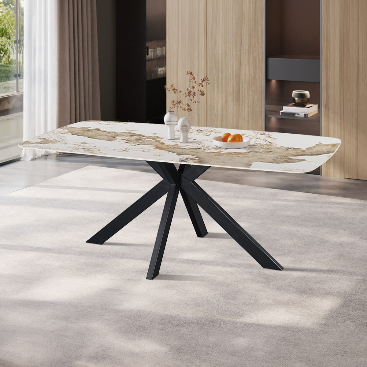 APOLLO XL Table à manger en pierre frittée blanc marbré 180 cm - Mobilier Deco
