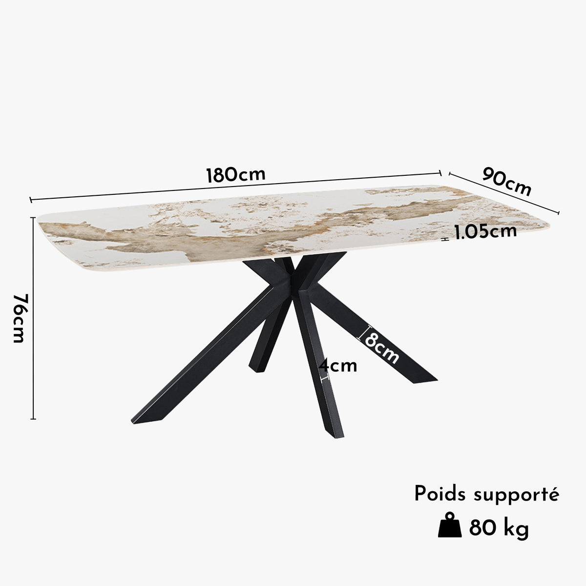 APOLLO XL Table à manger en pierre frittée blanc marbré 180 cm - Mobilier Deco