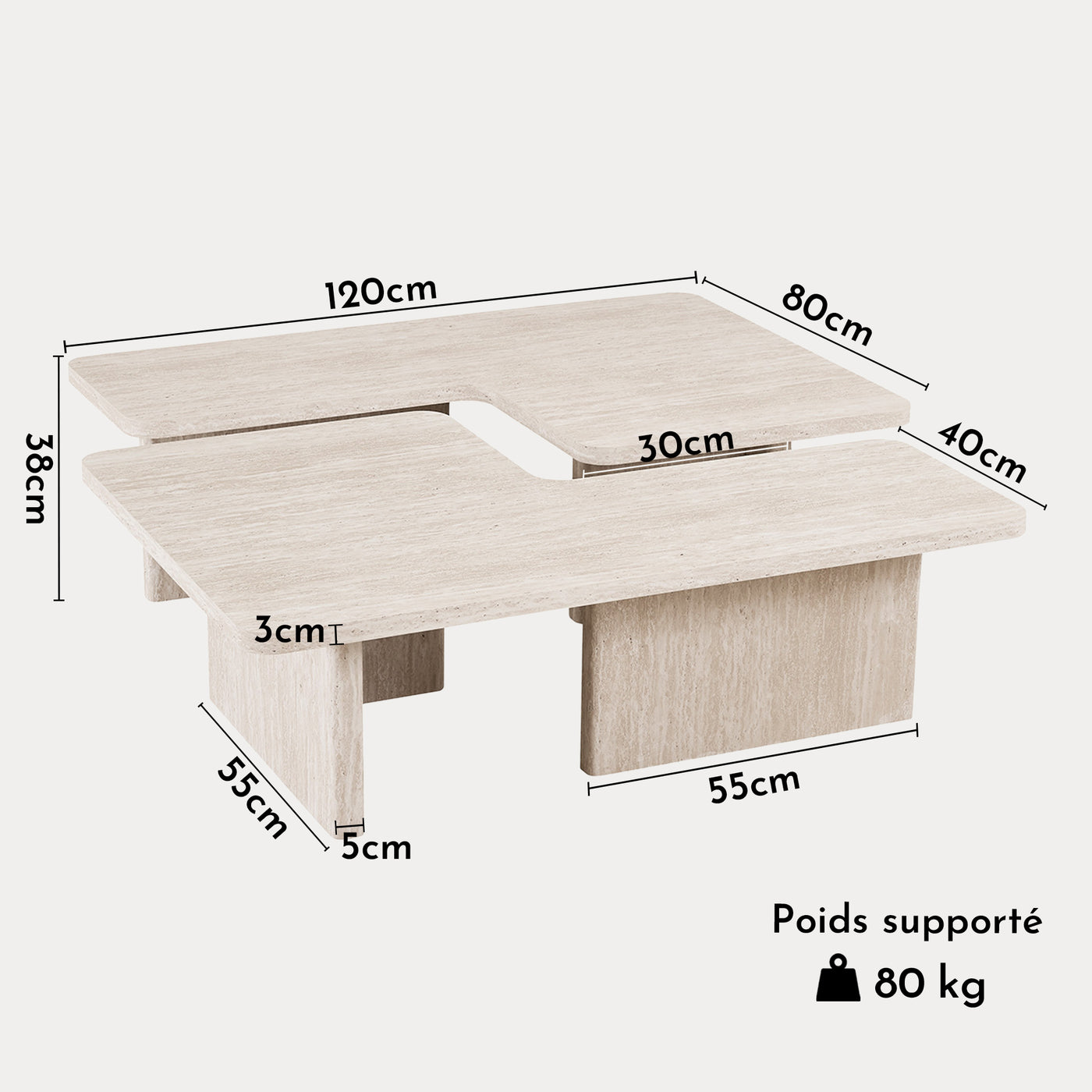 ARALLO Table basse modulable couleur travertin beige 120 cm
