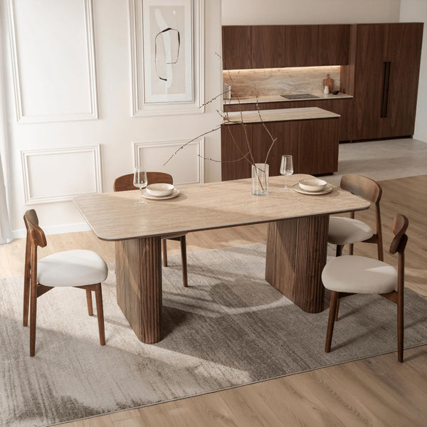ARAMIS Table à manger rectangulaire en céramique beige pieds couleur bois foncé 180 cm