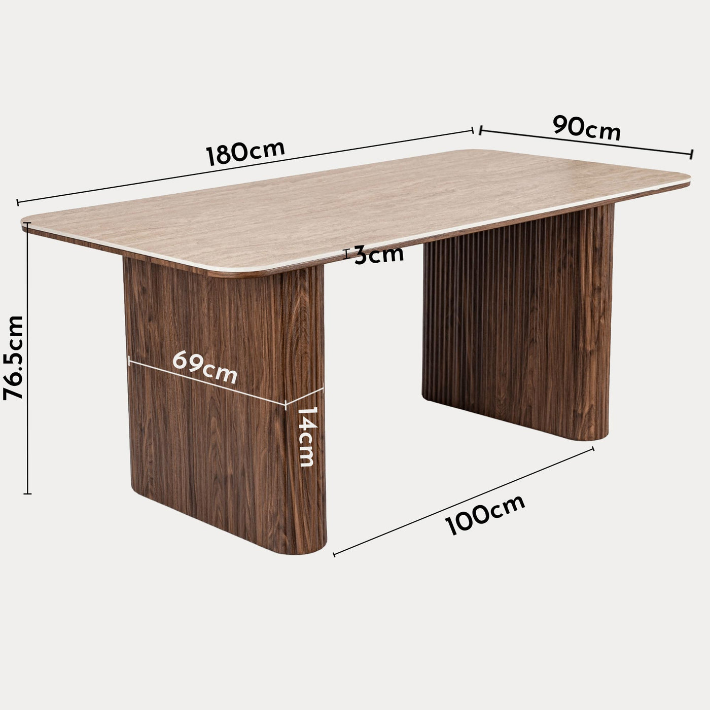 ARAMIS Table à manger rectangulaire en céramique beige pieds couleur bois foncé 180 cm