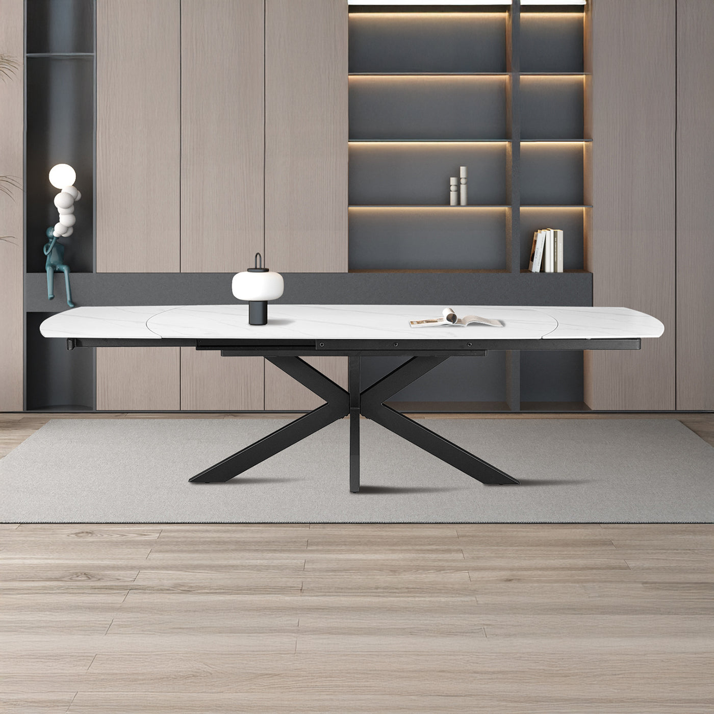 ARES Table à manger extensible en pierre frittée blanc et métal noir