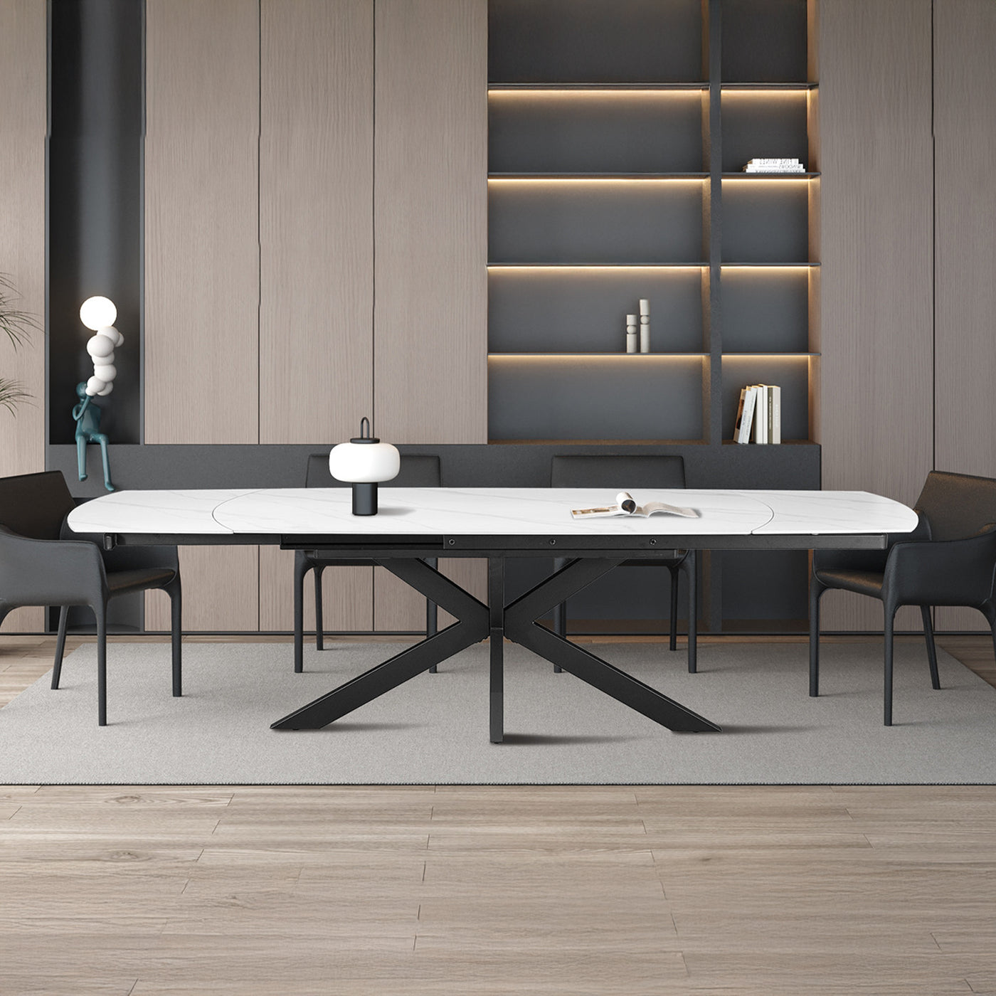 ARES Table à manger extensible en pierre frittée blanc et métal noir
