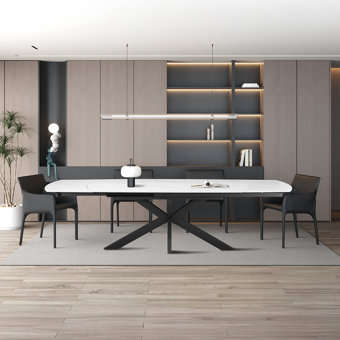ARES Table à manger extensible en pierre frittée blanc et métal noir