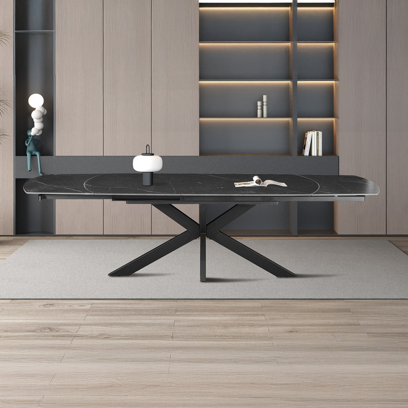 ARES Table à manger extensible en pierre frittée et métal noir