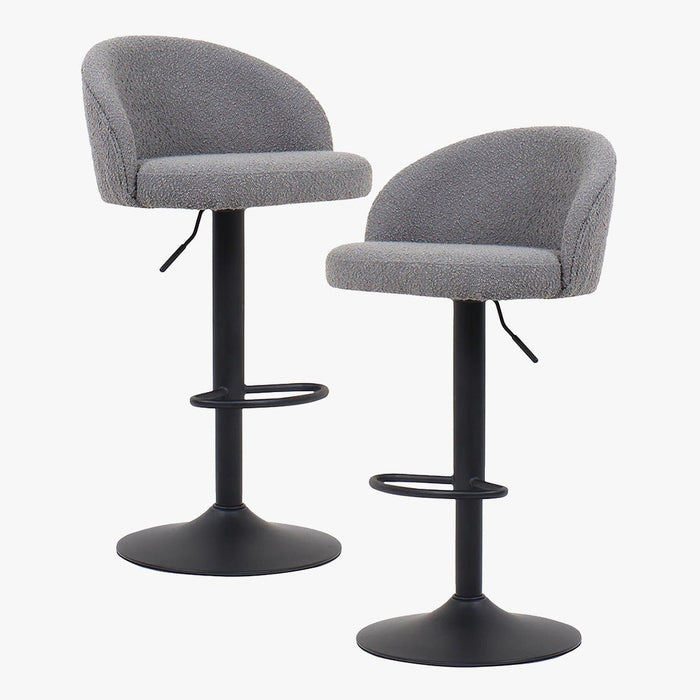 ARIA Lot de 2 tabourets en tissu bouclette gris clair piètement métal noir