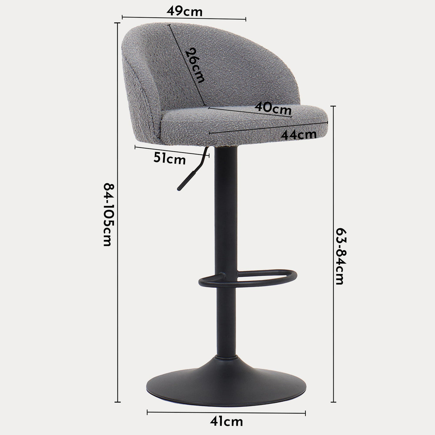 ARIA Lot de 2 tabourets en tissu bouclette gris clair piètement métal noir