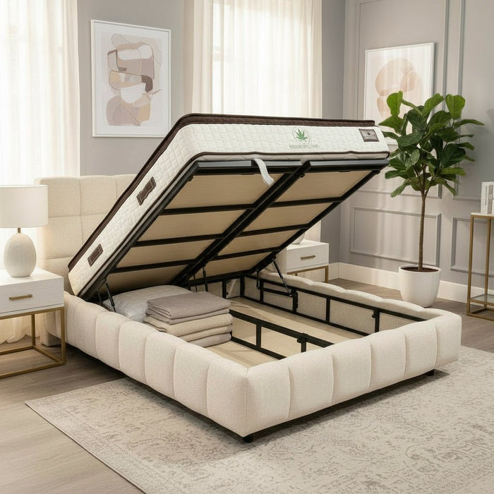 ARIONA Lit double en tissu beige avec coffre 180x200 cm