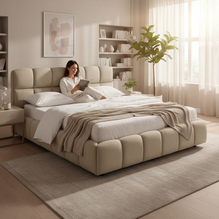 ARIONA Lit double en tissu taupe avec coffre 140x190 cm