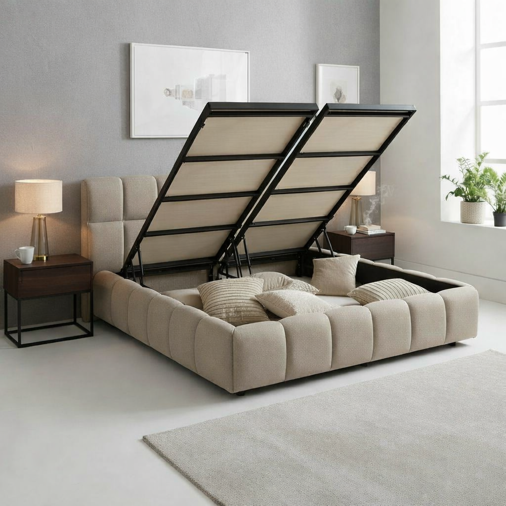 ARIONA Lit double en tissu taupe avec coffre 160x200 cm