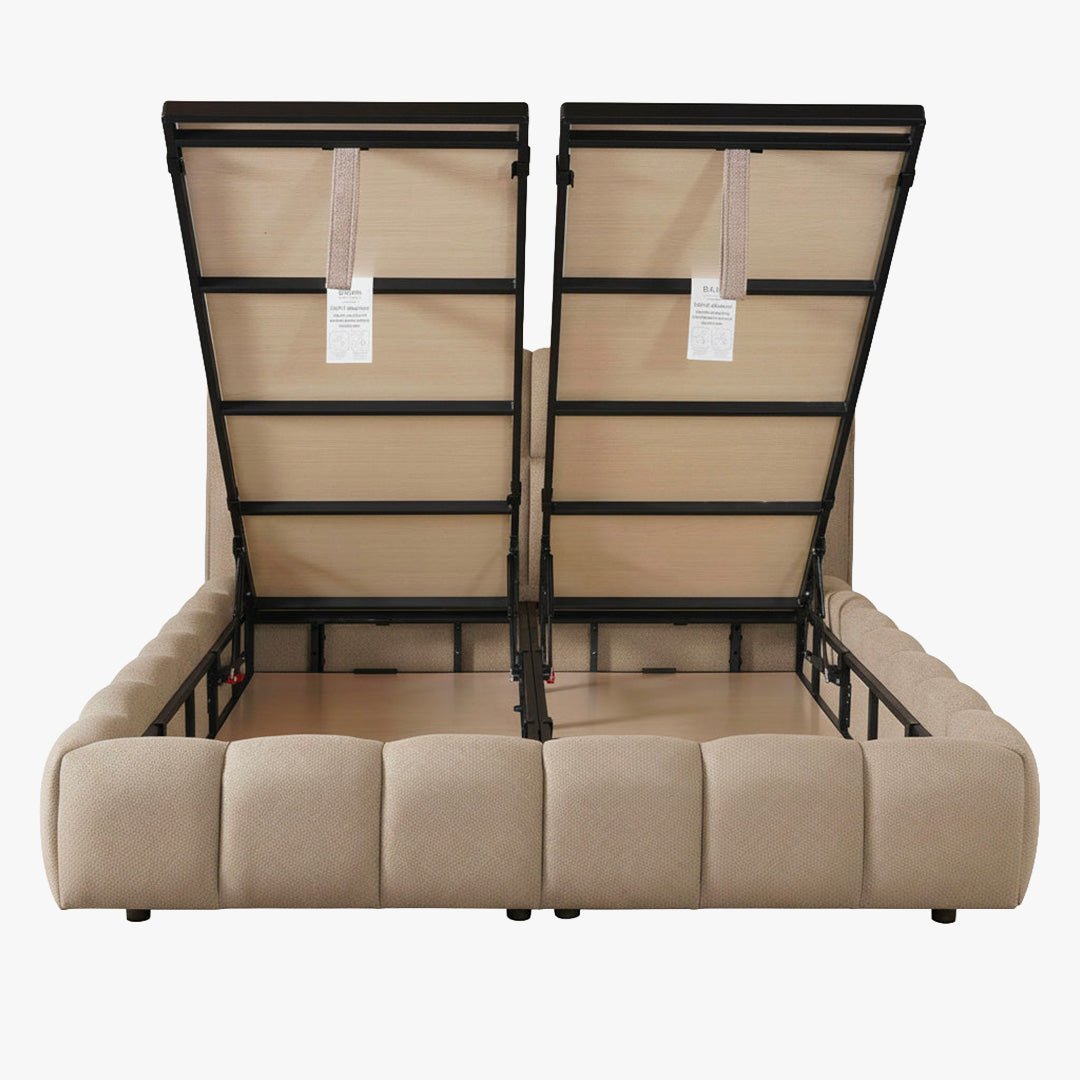 ARIONA Lit double en tissu taupe avec coffre 180x200 cm - Lits - Mobilier Deco