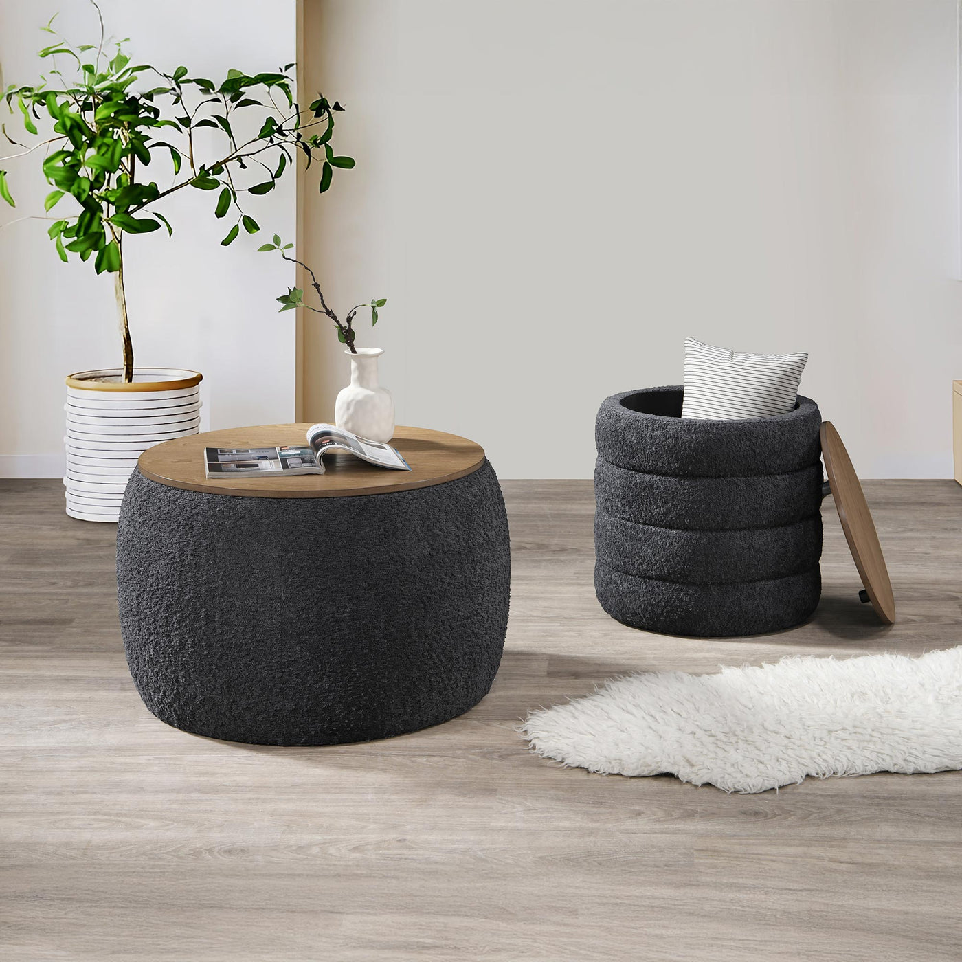 ARTA Pouf coffre effet peau de mouton gris foncé et bois - Poufs - Mobilier Deco