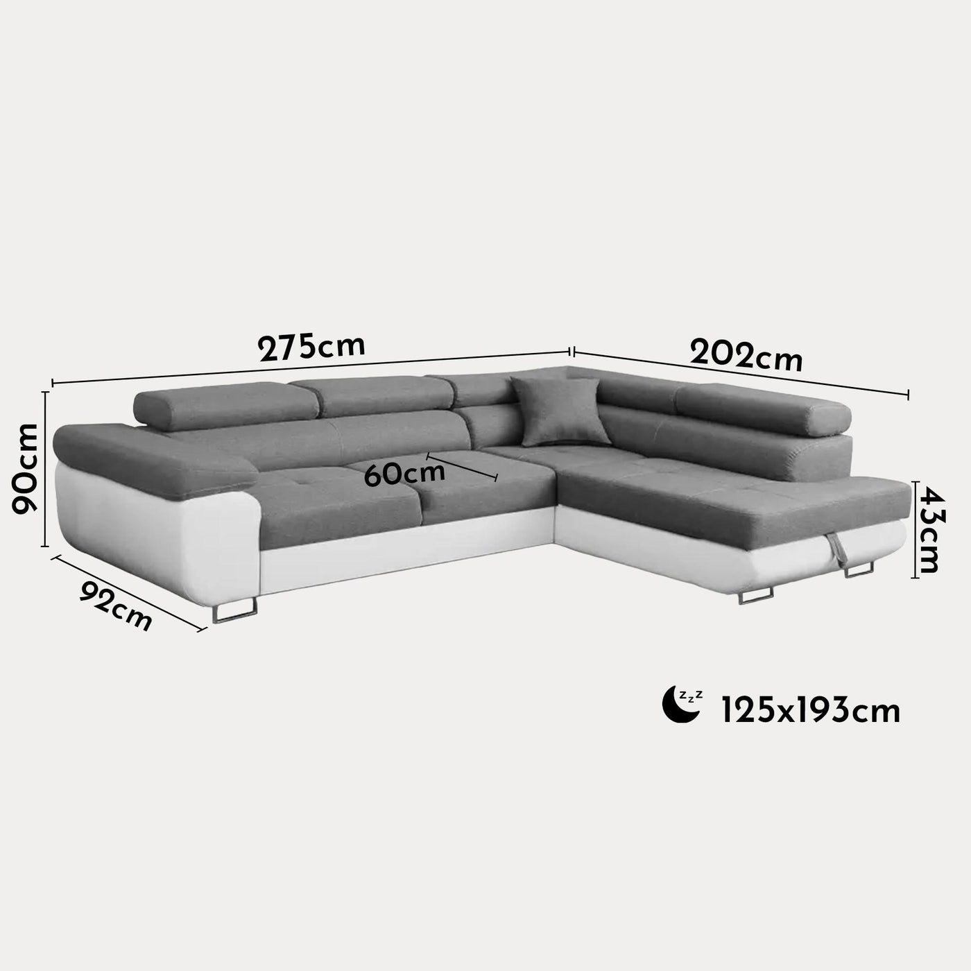 AUBIN Canapé d'angle convertible gris et blanc coffre de rangement - Angle Droit