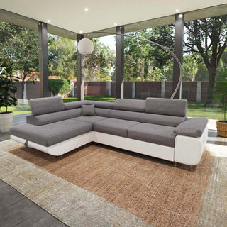 AUBIN Canapé d'angle convertible gris et blanc coffre de rangement - Angle Gauche