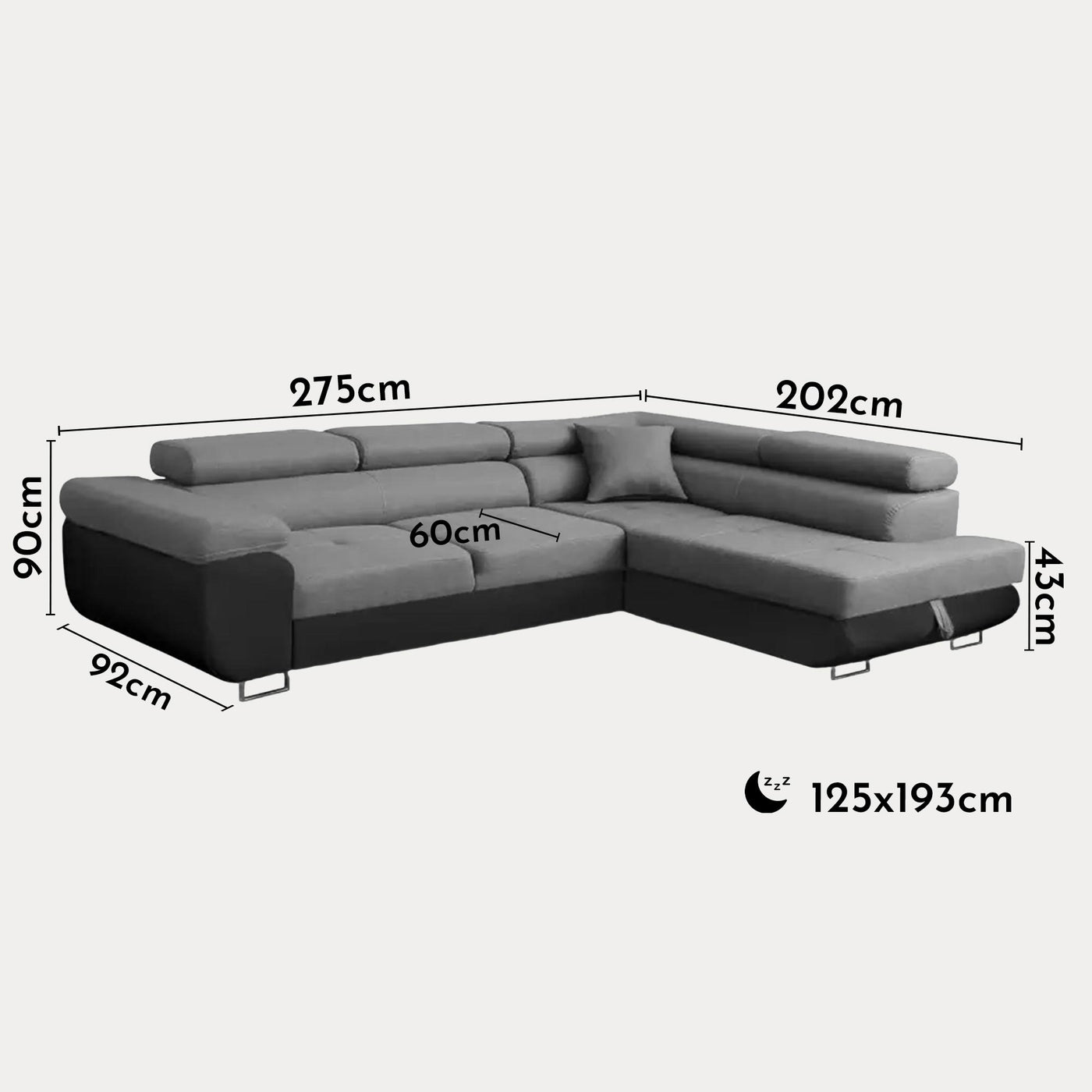AUBIN Canapé d'angle convertible gris et noir coffre de rangement - Angle Droit