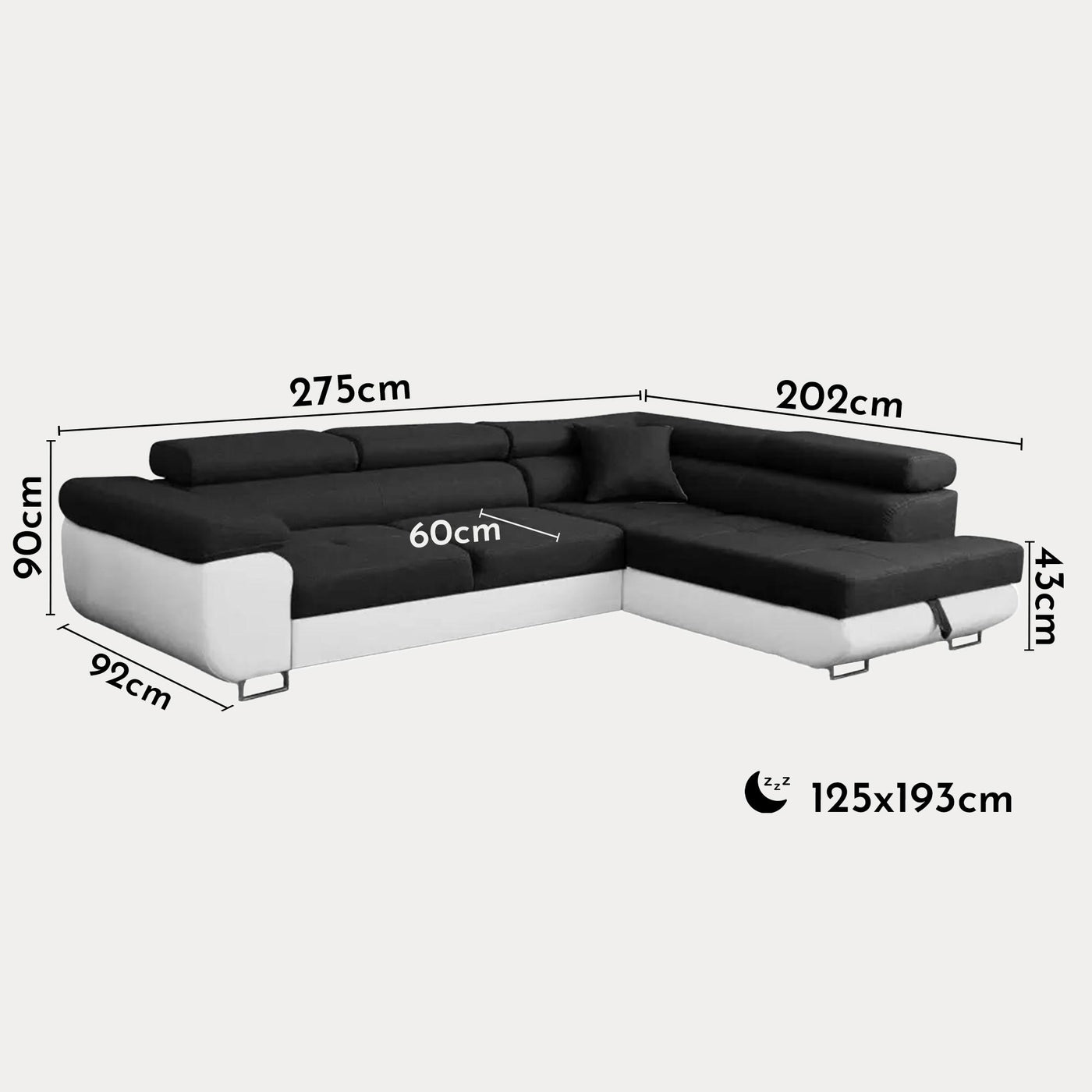 AUBIN Canapé d'angle convertible noir et blanc coffre de rangement - Angle Droit