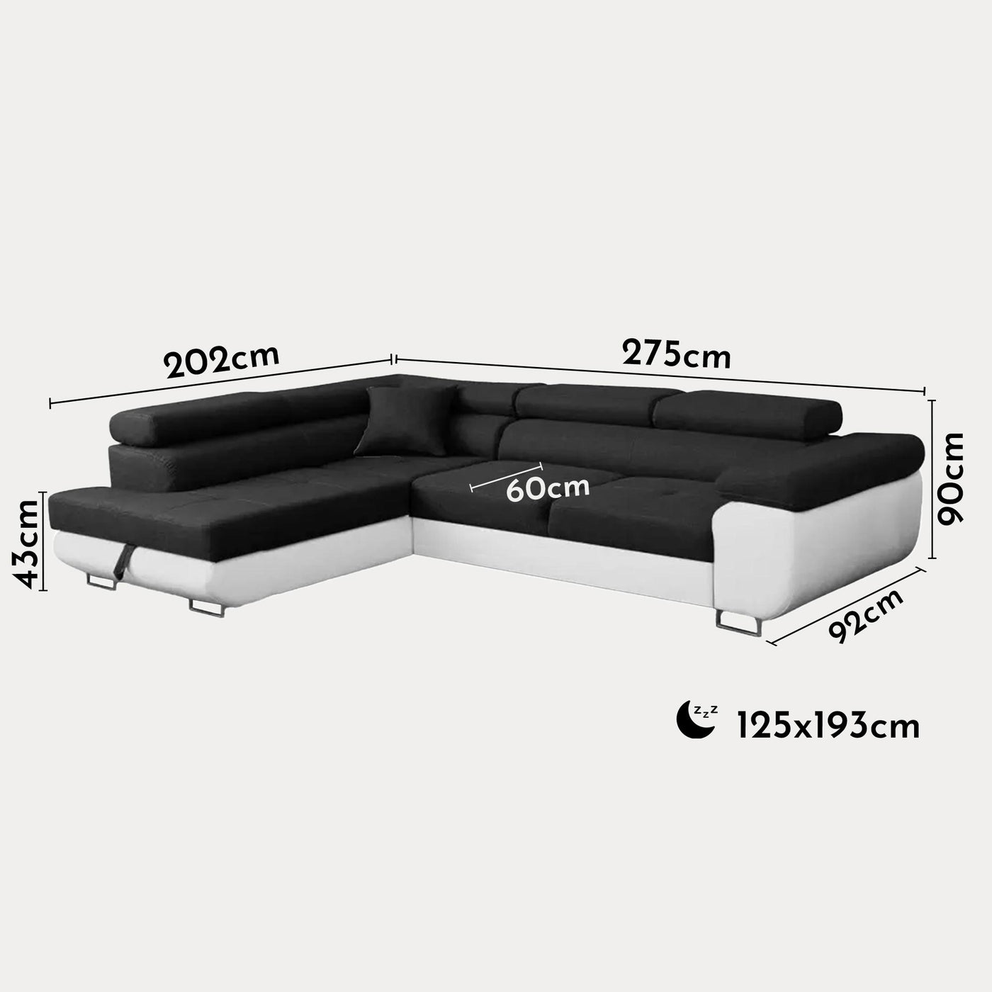 AUBIN Canapé d'angle convertible noir et blanc coffre de rangement - Angle Gauche