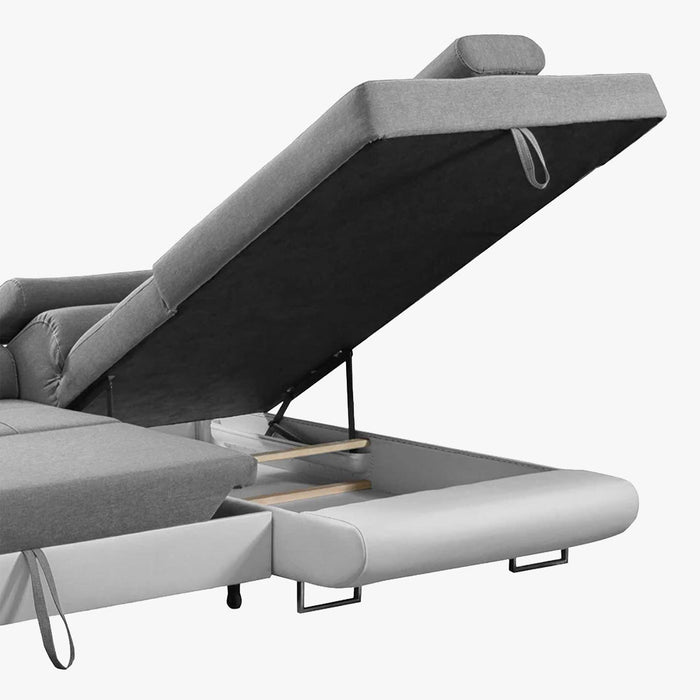 AUBIN Canapé d'angle convertible gris et blanc coffre de rangement - Angle Droit
