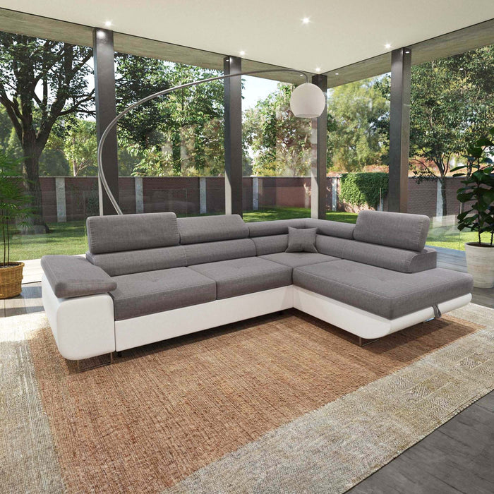 AUBIN Canapé d'angle convertible gris et blanc coffre de rangement - Angle Droit