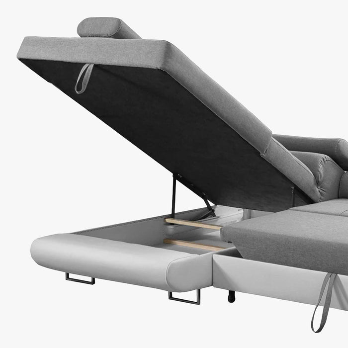 AUBIN Canapé d'angle convertible gris et blanc coffre de rangement - Angle Gauche