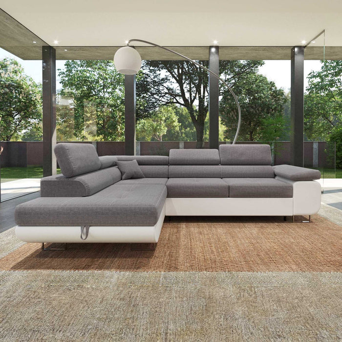 AUBIN Canapé d'angle convertible gris et blanc coffre de rangement - Angle Gauche