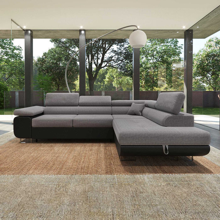 AUBIN Canapé d'angle convertible gris et noir coffre de rangement - Angle Droit