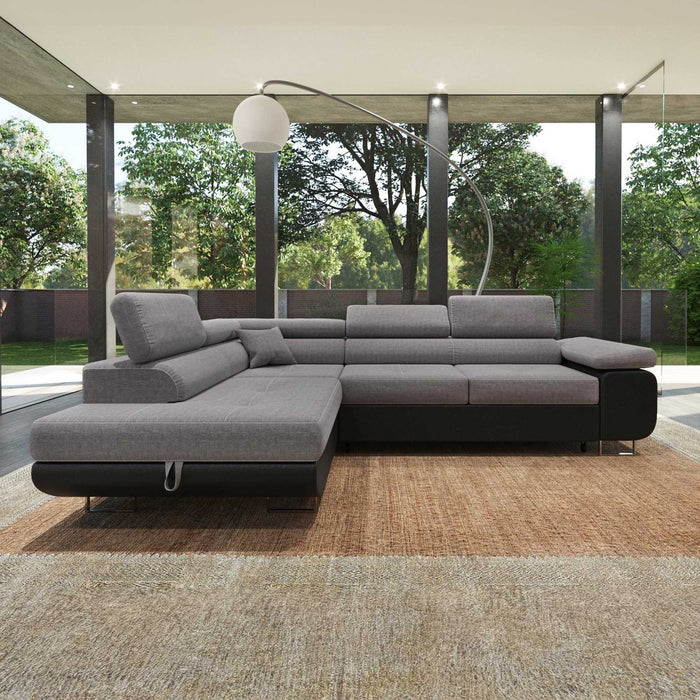 AUBIN Canapé d'angle convertible gris et noir coffre de rangement - Angle Gauche